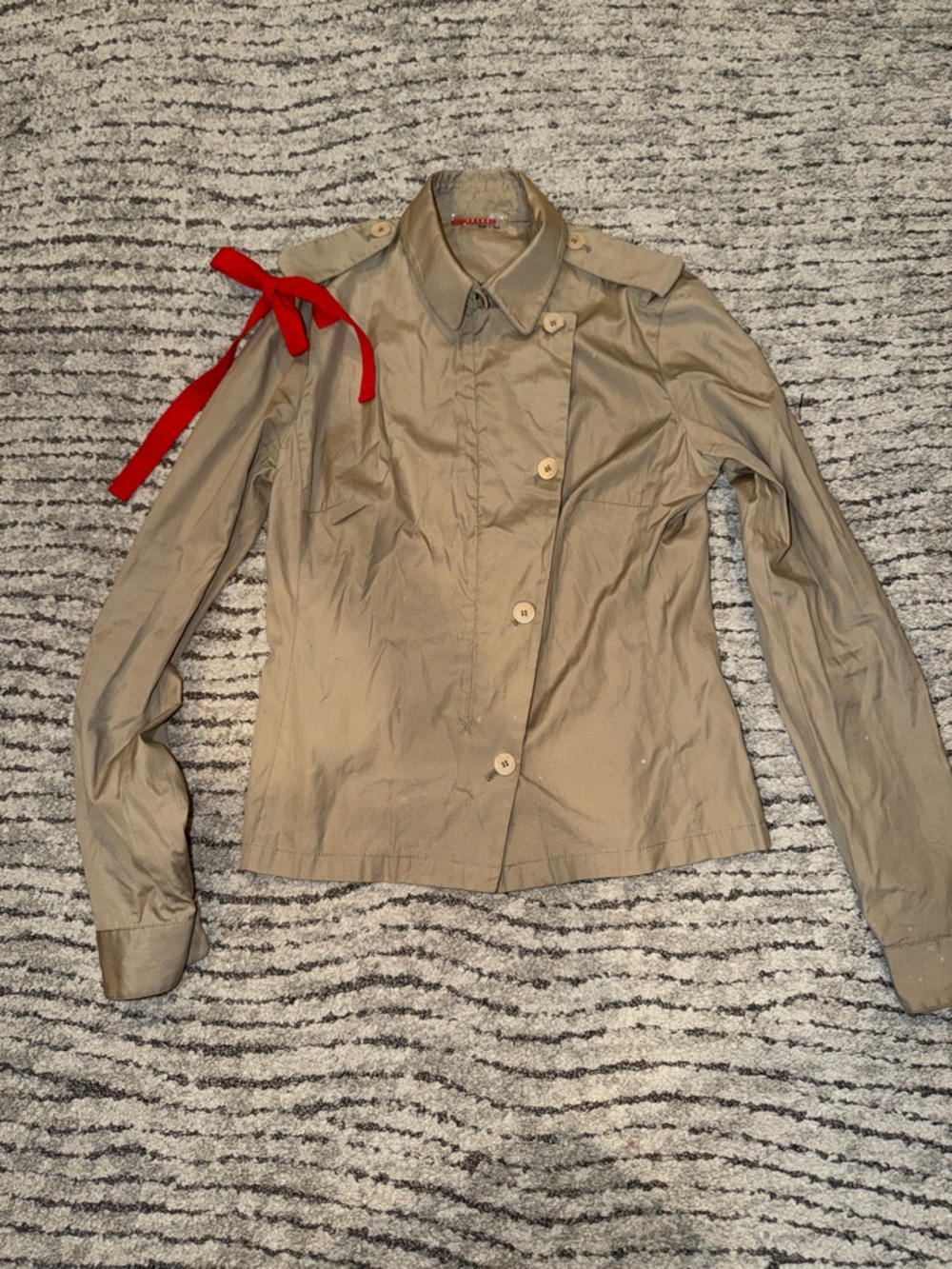Prada Beige/Tan Shirt-Style Skirt Jacket with Red Ribbon Detail.